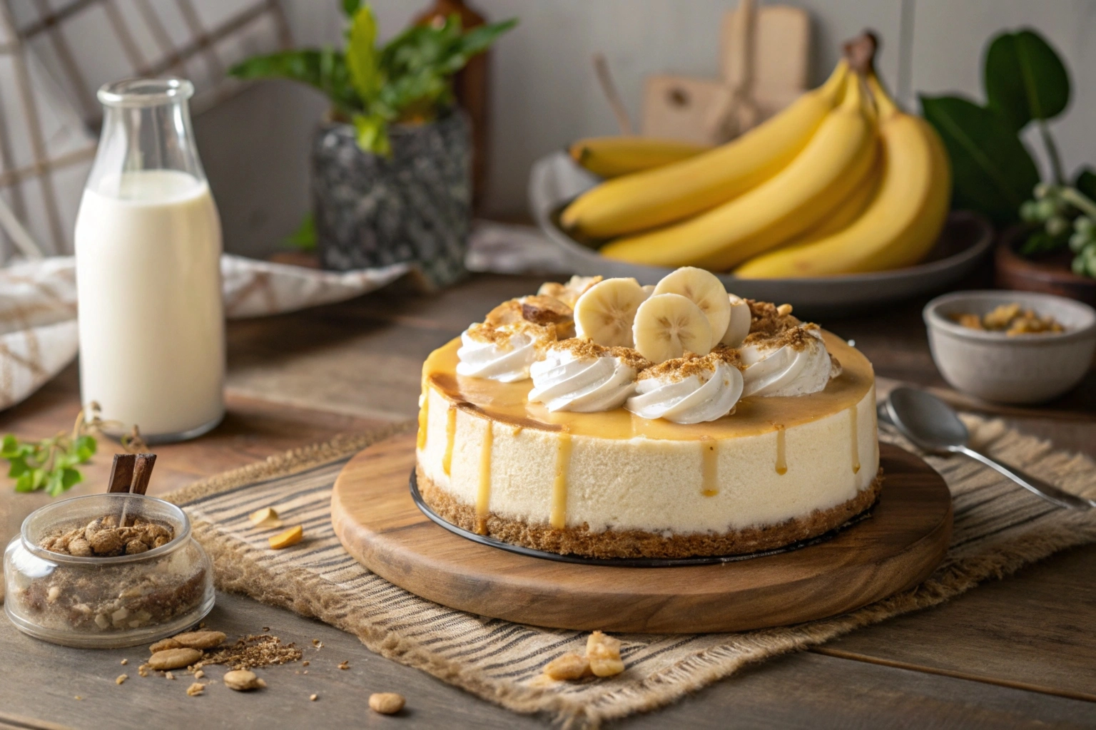 A luscious banana cream cheesecake on a rustic wooden table, topped with fresh banana slices, whipped cream, and caramel drizzle, surrounded by a cozy kitchen setting.