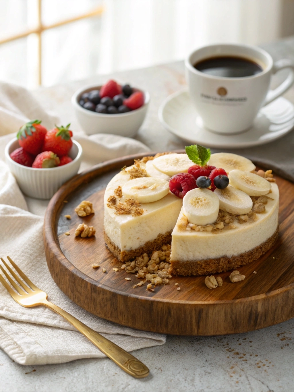 A breakfast-inspired banana cream cheesecake on a wooden platter, topped with banana slices, Greek yogurt, and granola, served with coffee and fresh berries in a bright morning setting.