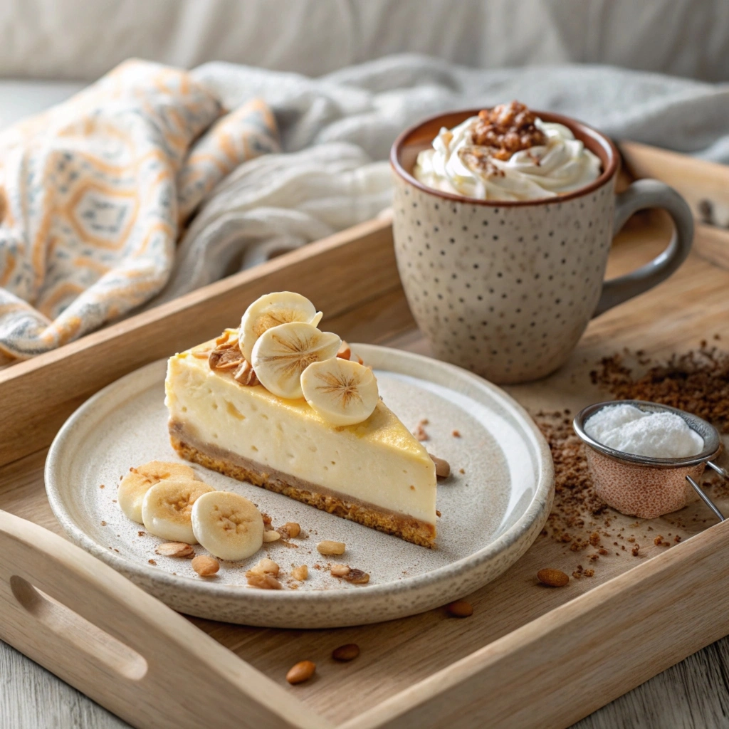 A slice of banana cream cheesecake on a ceramic plate, topped with banana slices and whipped cream, paired with a cozy mug of hot chocolate topped with whipped cream and cocoa powder.