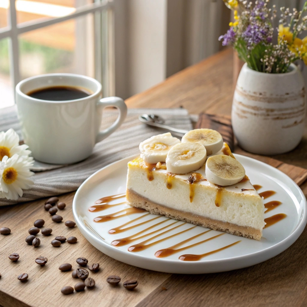 A slice of banana cream cheesecake on a white plate, garnished with banana slices, whipped cream, and caramel drizzle, paired with a steaming cup of coffee on a wooden table