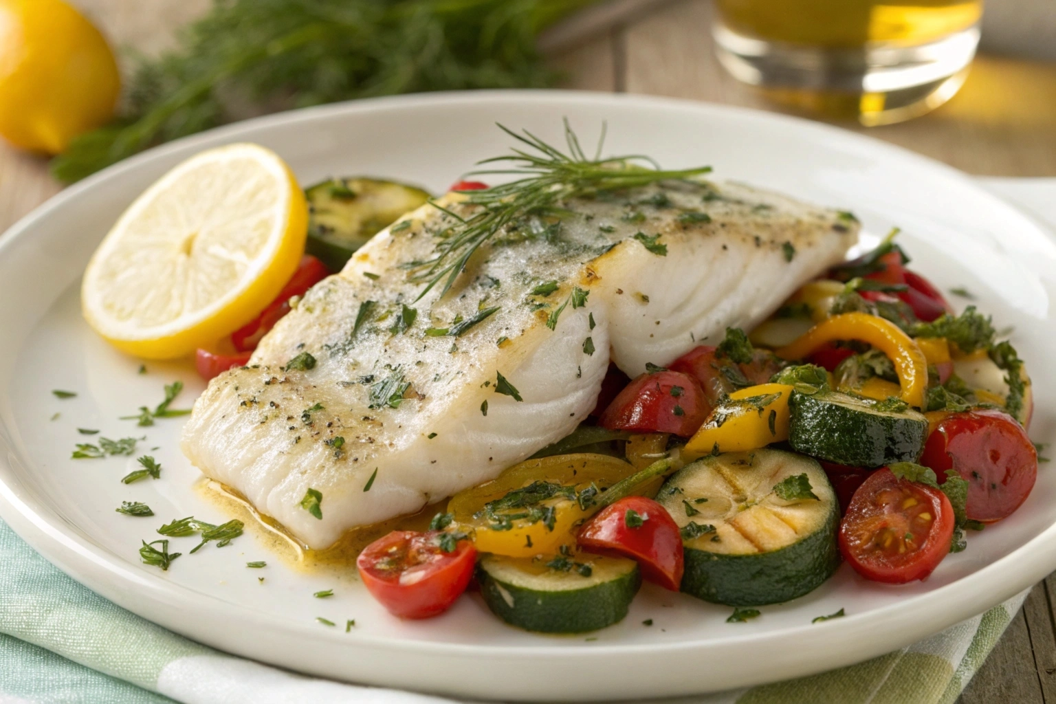 A grilled salmon fillet topped with lemon slices and fresh dill, served with steamed asparagus on a white plate.