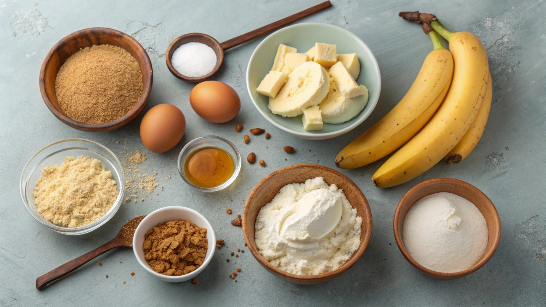 List of ingredients for banana cream cheesecake, including cream cheese, bananas, and graham crackers.