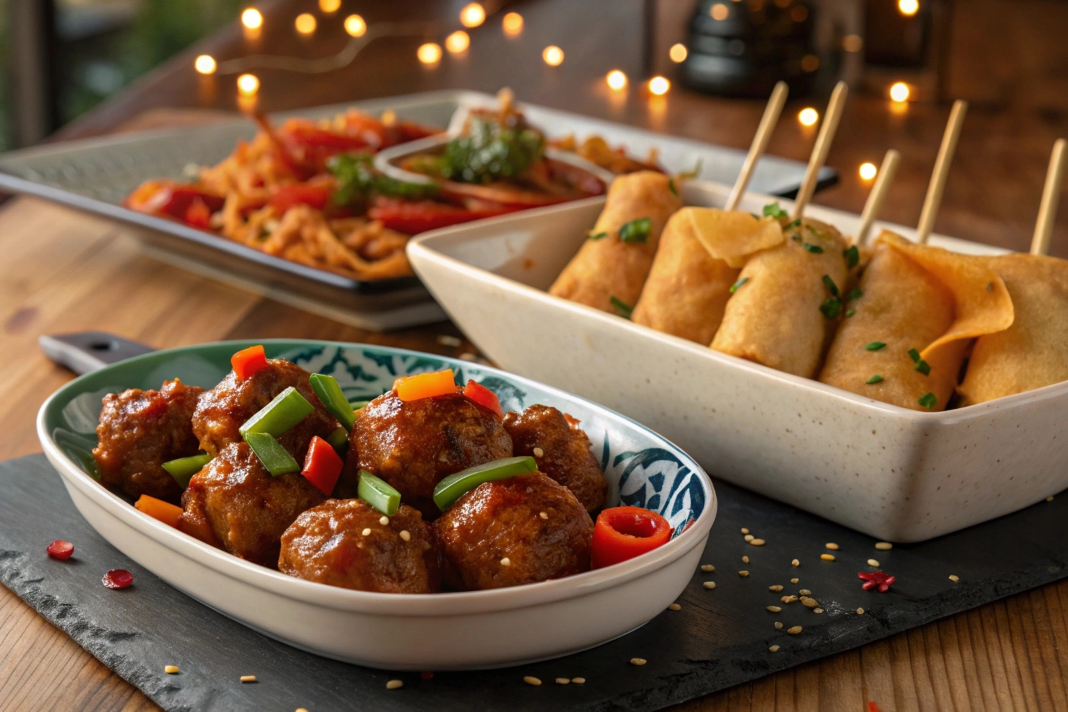 A platter of colorful appetizers including stuffed mushrooms, bruschetta, and mini spring rolls garnished with fresh herbs.