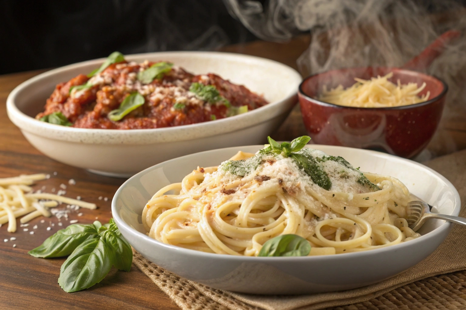 A plate of spaghetti with rich marinara sauce, topped with freshly grated parmesan cheese and basil leaves.