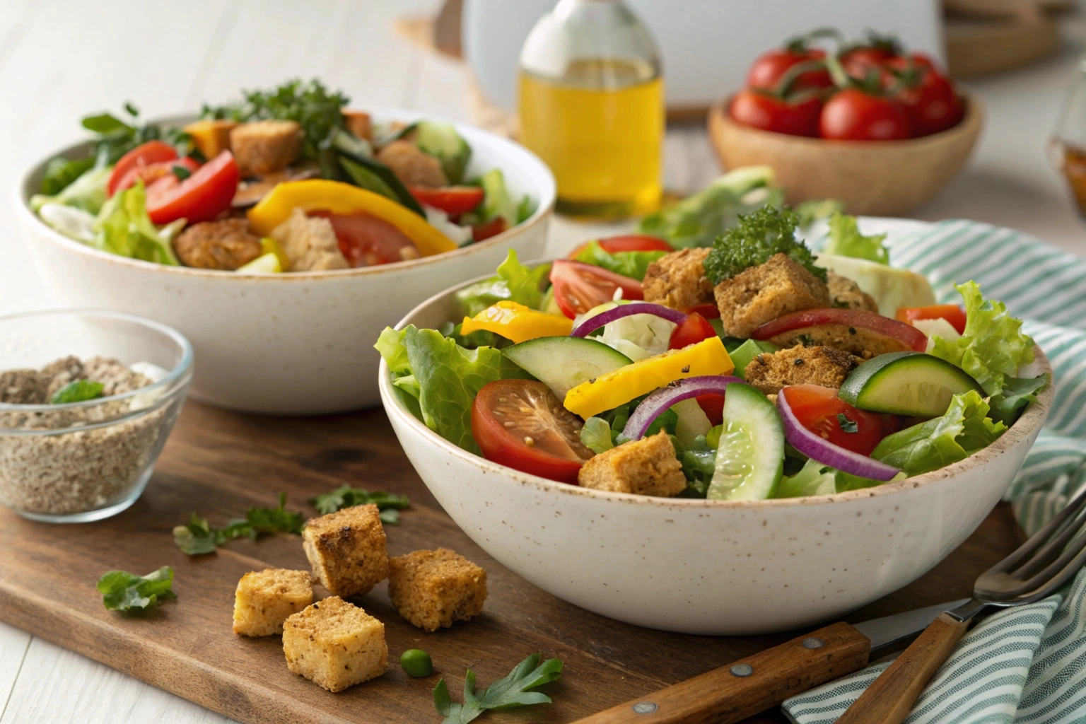 A bowl of fresh garden salad with lettuce, cherry tomatoes, cucumber slices, red onion, and a drizzle of olive oil.