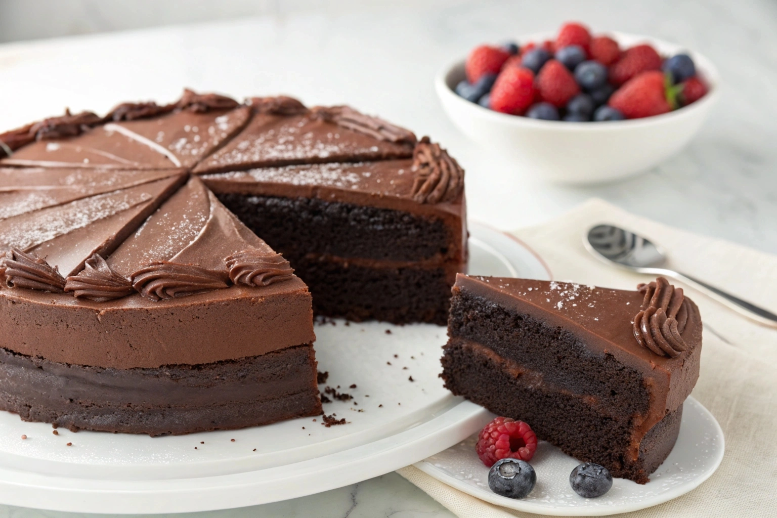 A decadent slice of rich chocolate cake with a glossy ganache topping, surrounded by cocoa powder and fresh strawberries.