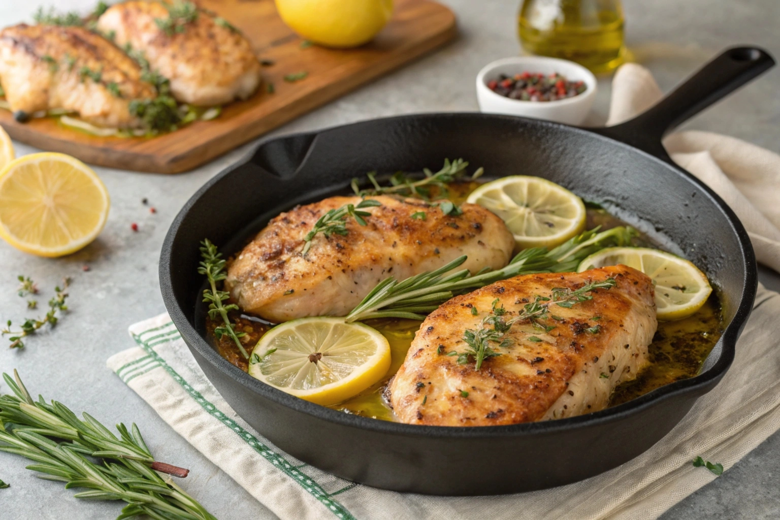 A skillet of golden-brown pan-seared chicken breasts garnished with fresh thyme and lemon slices.