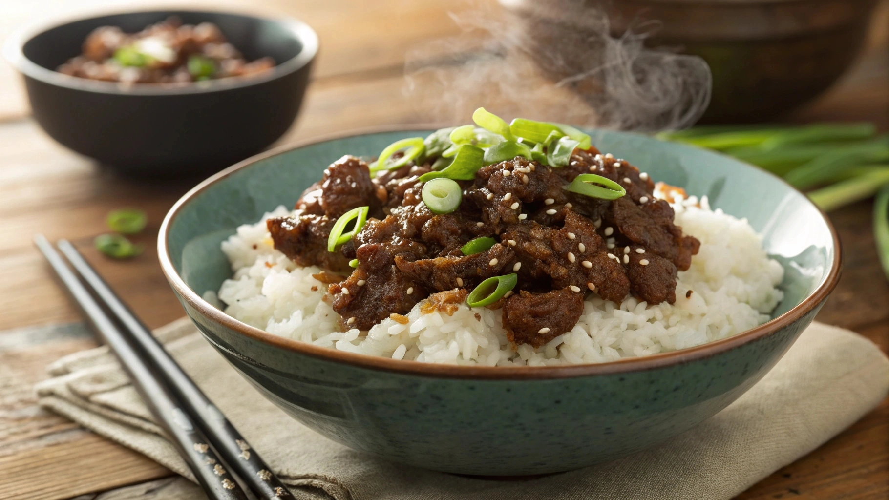 Ground beef bulgogi in a skillet, topped with sesame seeds and green onions, accompanied by rice and kimchi on the side.