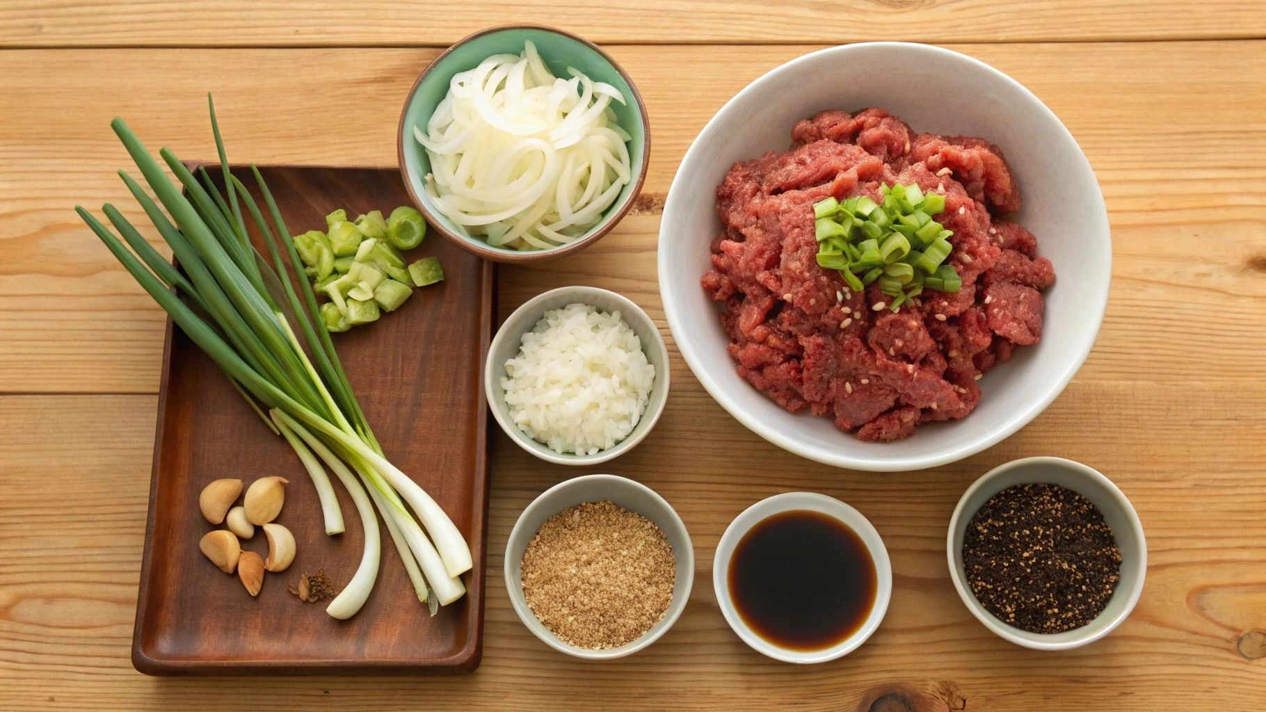 Ingredients for Ground Beef Bulgogi, including ground beef, soy sauce, garlic, ginger, green onions, sesame oil, sugar, and sesame seeds, neatly arranged on a wooden cutting board.