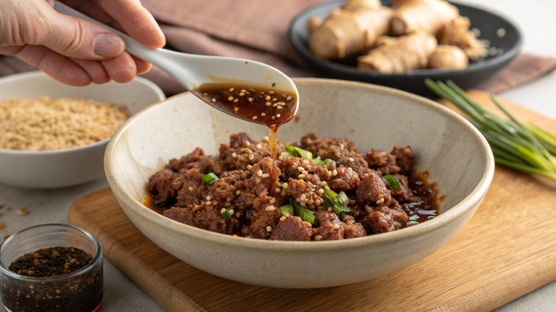 A bowl of Bulgogi marinade made with soy sauce, garlic, ginger, sesame oil, and sugar, ready to infuse flavor into ground beef.