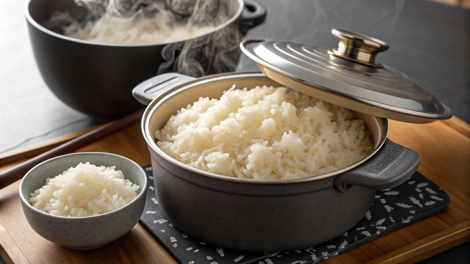 Fluffy white rice cooking in a pot, with steam rising as it nears perfection.