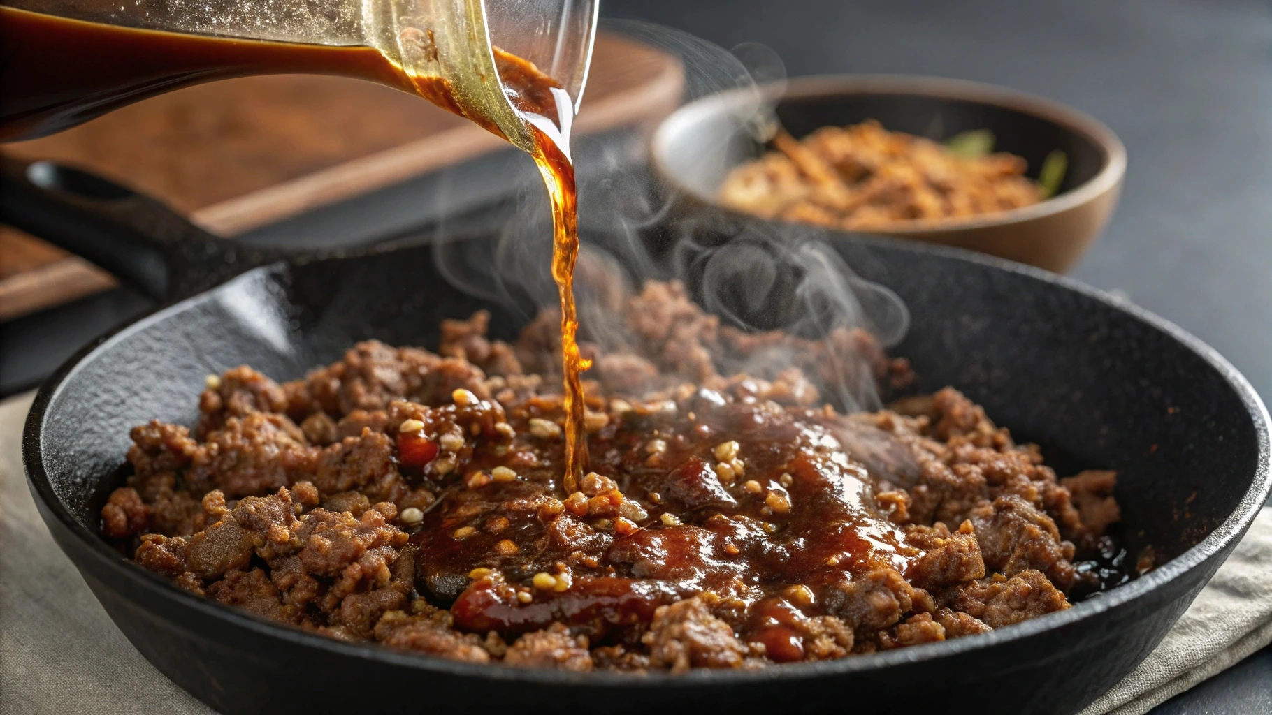 Ground beef bulgogi cooking in a hot skillet over a flame, with steam rising and a golden-brown caramelized glaze.