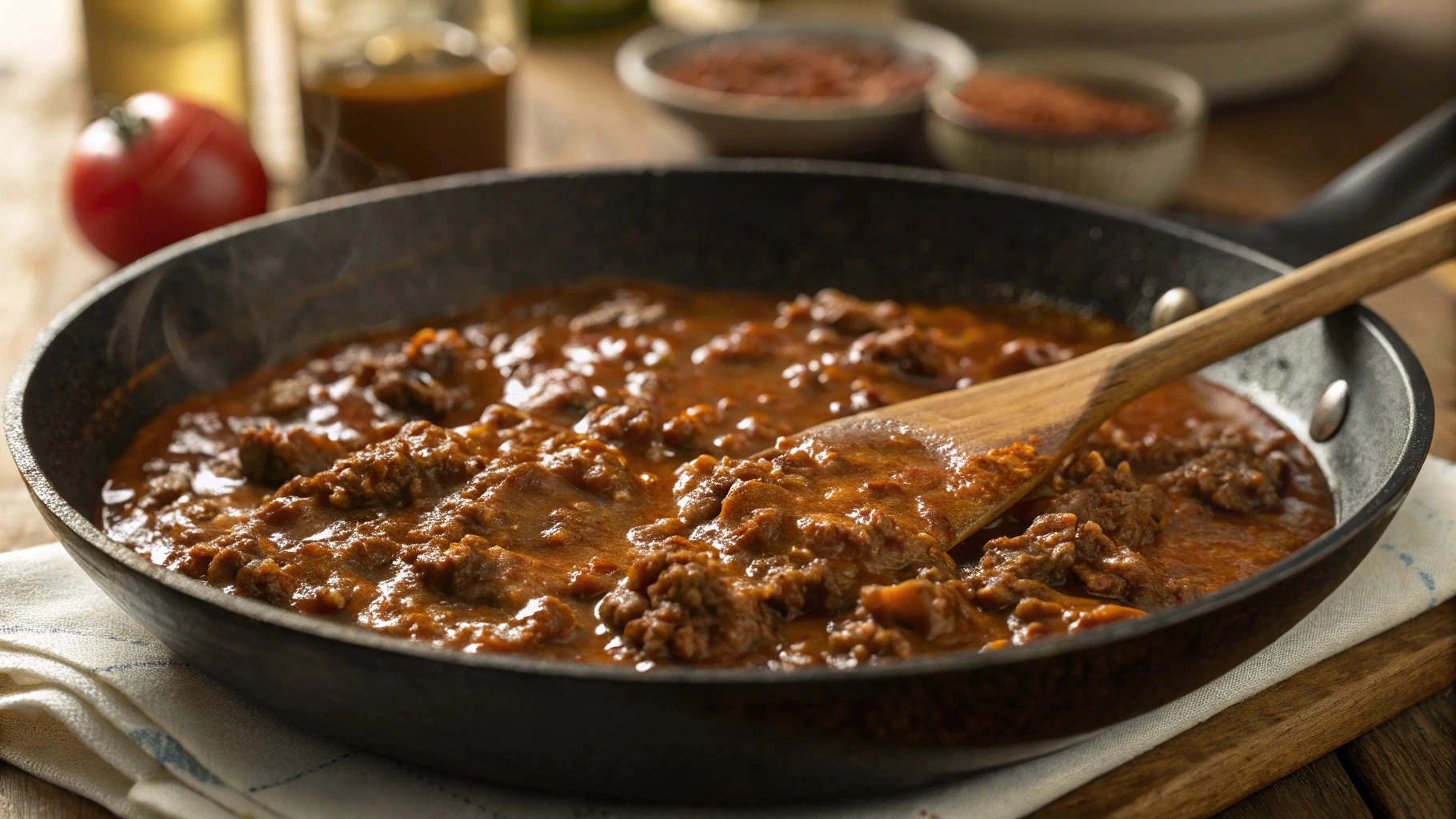 Freshly cooked Ground Beef Bulgogi in a skillet, glistening with a rich, caramelized sauce and sprinkled with sesame seeds and green onions.