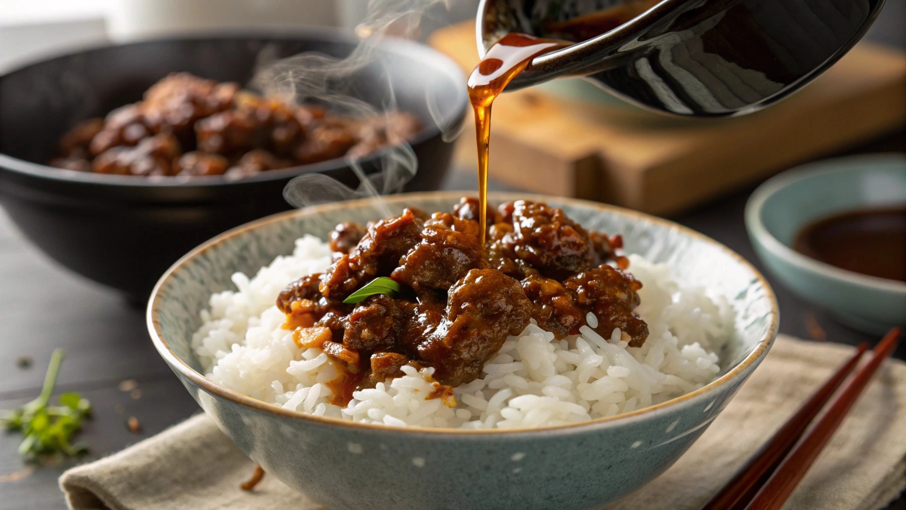 A plate of freshly cooked Ground Beef Bulgogi garnished with sesame seeds and green onions, served alongside steamed rice and colorful vegetables.