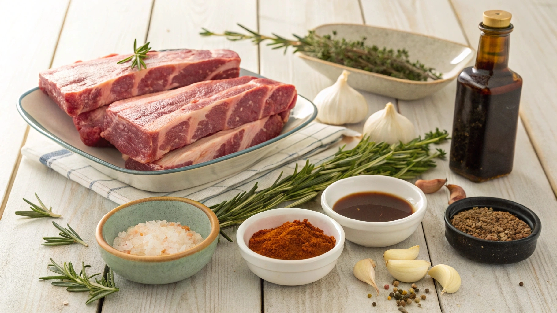 Essential ingredients for beef ribs: fresh ribs, garlic, onion, spices like paprika and chili powder, olive oil, and fresh herbs.