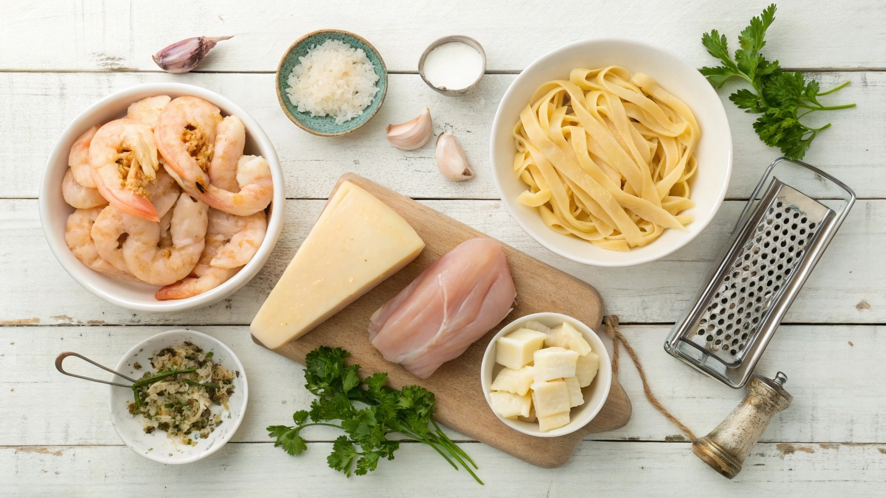 Flat lay of fresh ingredients for Chicken and Shrimp Alfredo, including raw shrimp, chicken breasts, Parmesan cheese, fettuccine pasta, butter, garlic, parsley, and heavy cream on a rustic wooden table.