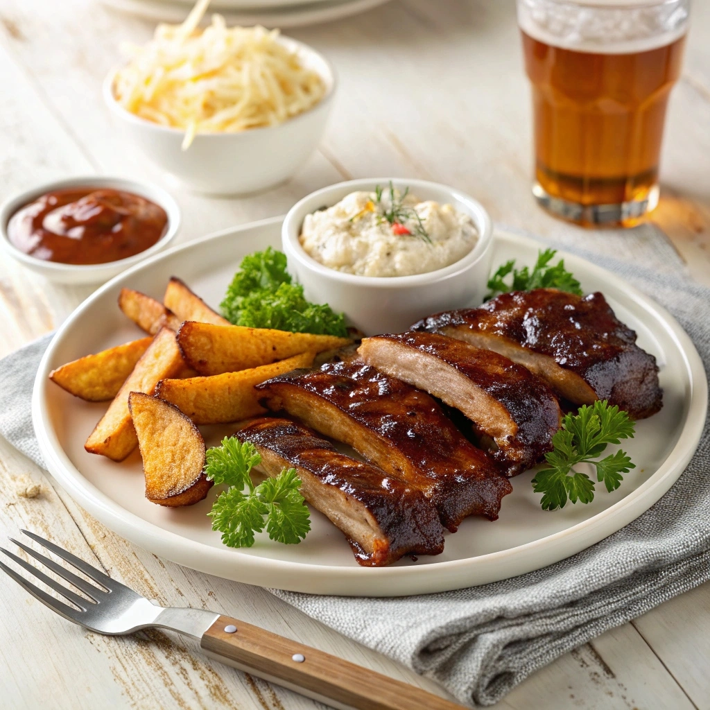 Grilled beef ribs glazed with barbecue sauce, served with roasted potato wedges, coleslaw, and extra sauce for dipping on a white ceramic plate.