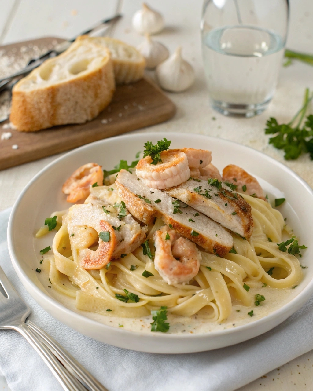 Plated Chicken and Shrimp Alfredo with creamy sauce, grilled chicken, shrimp, parsley, and grated Parmesan cheese, served with garlic bread on the side.