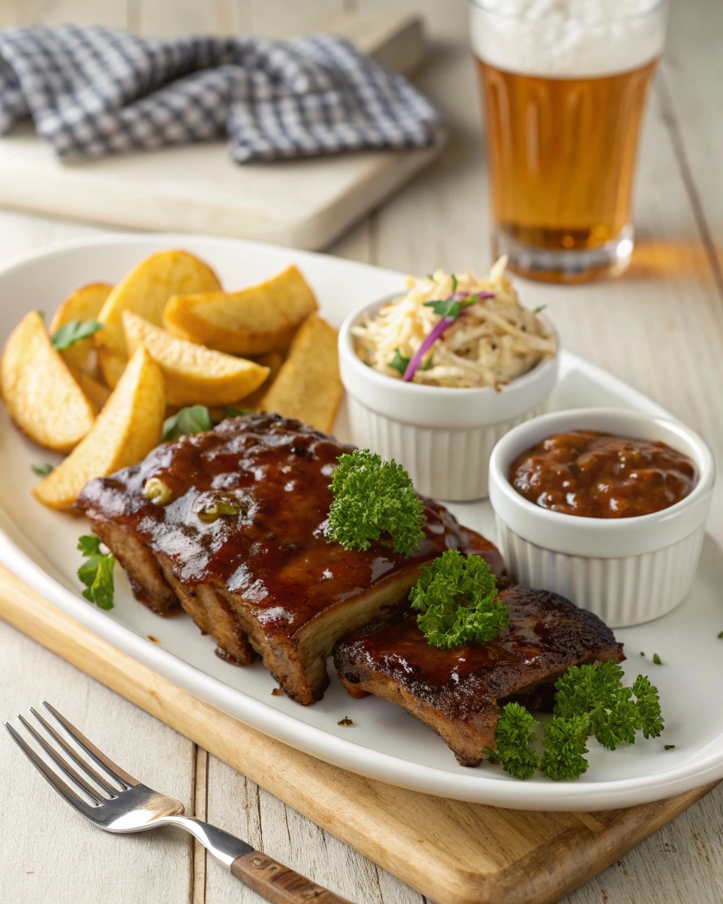 Beef ribs glazed with barbecue sauce on a white ceramic plate, served with roasted potato wedges, coleslaw, and a ramekin of extra sauce.