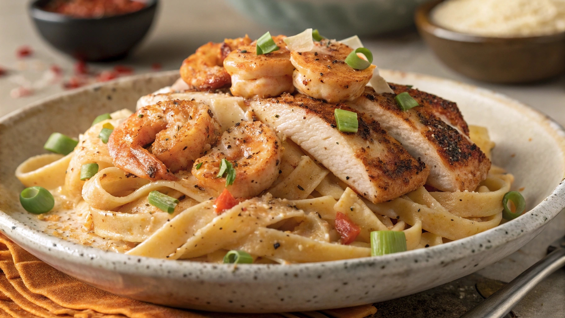 Cajun-style Chicken and Shrimp Alfredo with creamy spicy sauce, blackened chicken, shrimp, and green onions.