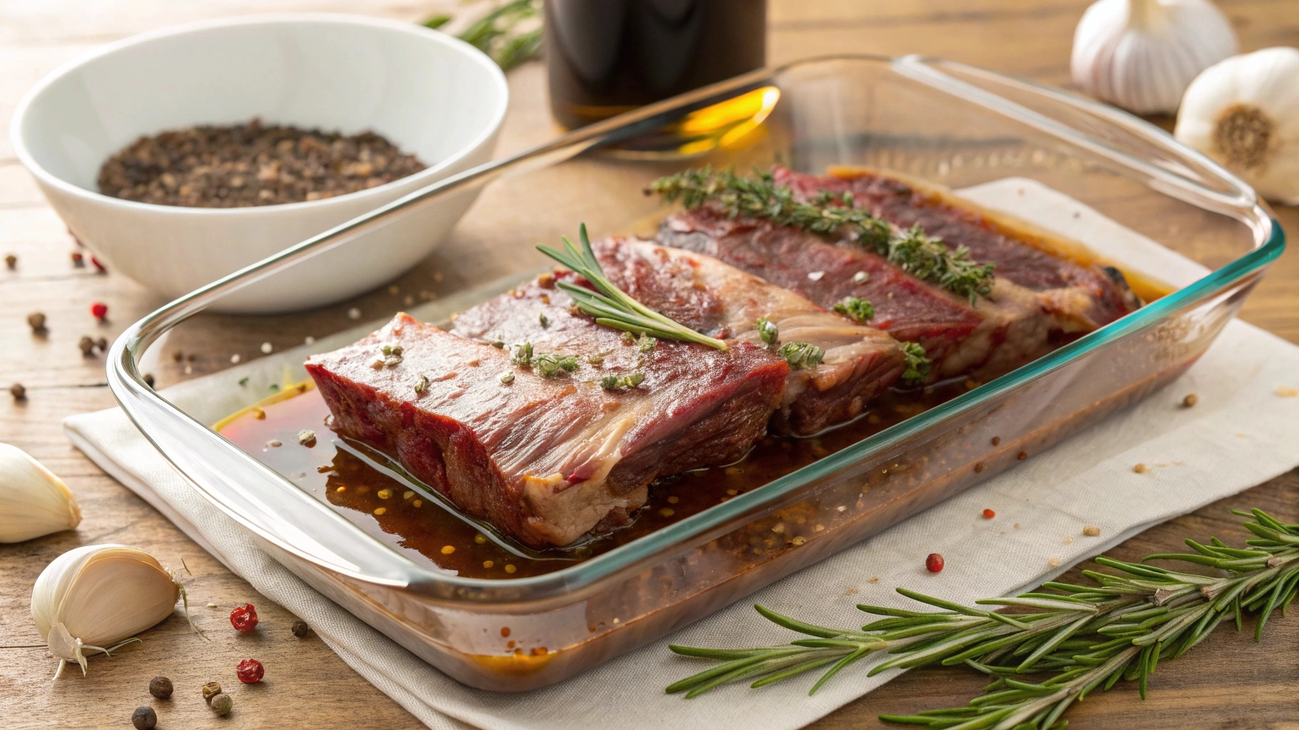 Raw beef ribs fully coated in a rich marinade of soy sauce, garlic, brown sugar, and fresh herbs, ready for cooking.