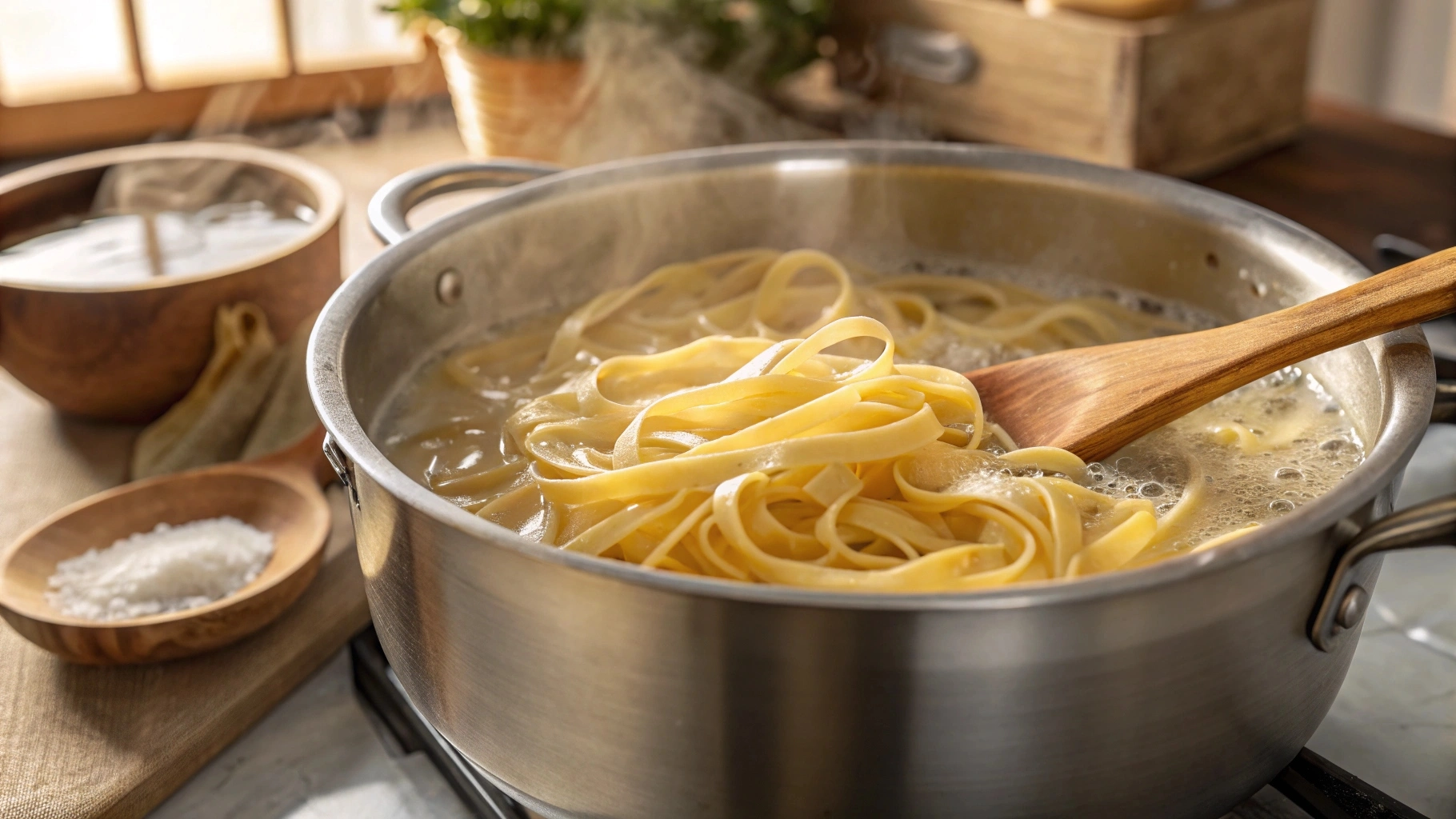 Fettuccine pasta boiling in a stainless steel pot of salted water with steam rising and a wooden spoon resting on the edge.