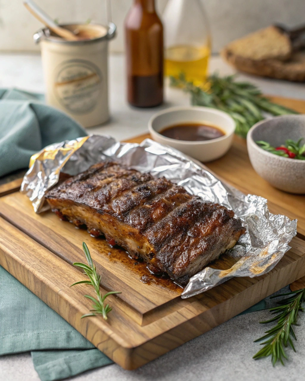 Grilled beef rib resting on a wooden cutting board, covered with foil to allow juices to settle, symbolizing the importance of resting ribs.