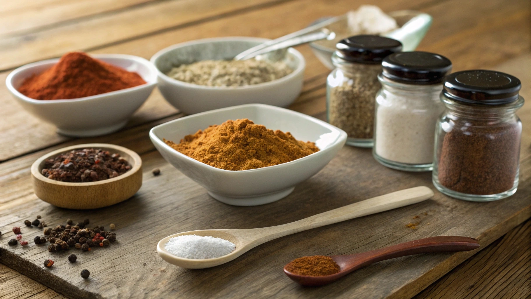 Spices and seasonings for 'Grilled Beef Ribs,' including paprika, garlic powder, onion powder, kosher salt, black pepper, brown sugar, and dried oregano, arranged on a wooden kitchen countertop.