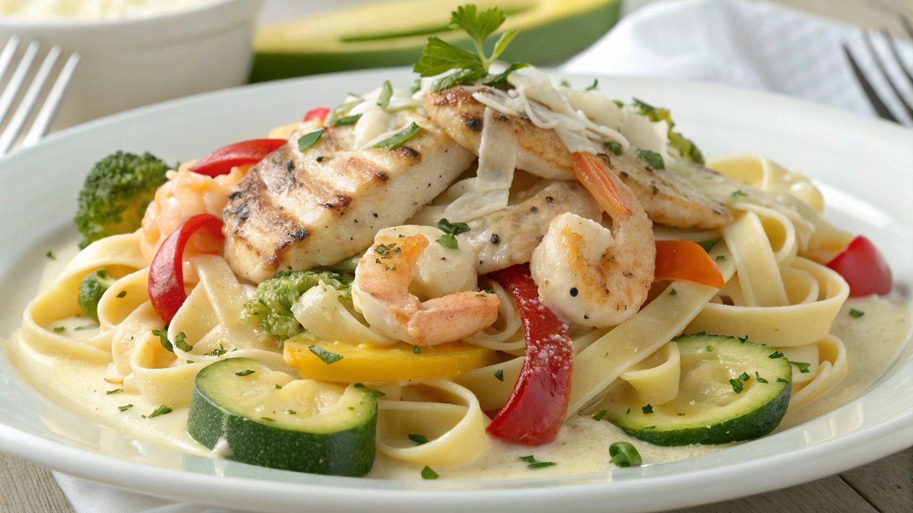 Chicken and Shrimp Alfredo with creamy sauce, broccoli, bell peppers, zucchini, and Parmesan cheese on a white plate.