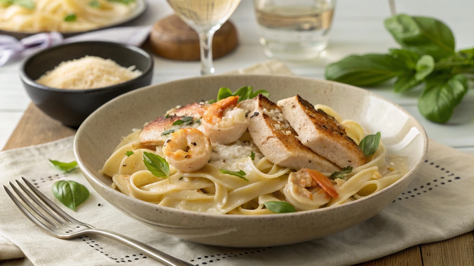 A bowl of creamy Chicken and Shrimp Alfredo, garnished with parsley and Parmesan, with a fork, wine glass, and fresh herbs on a cozy dinner table