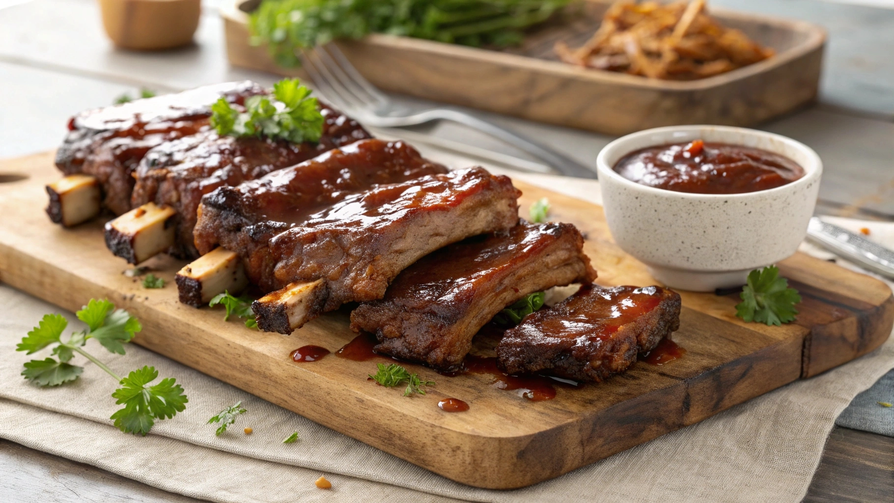 Beef ribs coated in rich barbecue sauce, garnished with parsley, served on a wooden cutting board with extra sauce on the side.