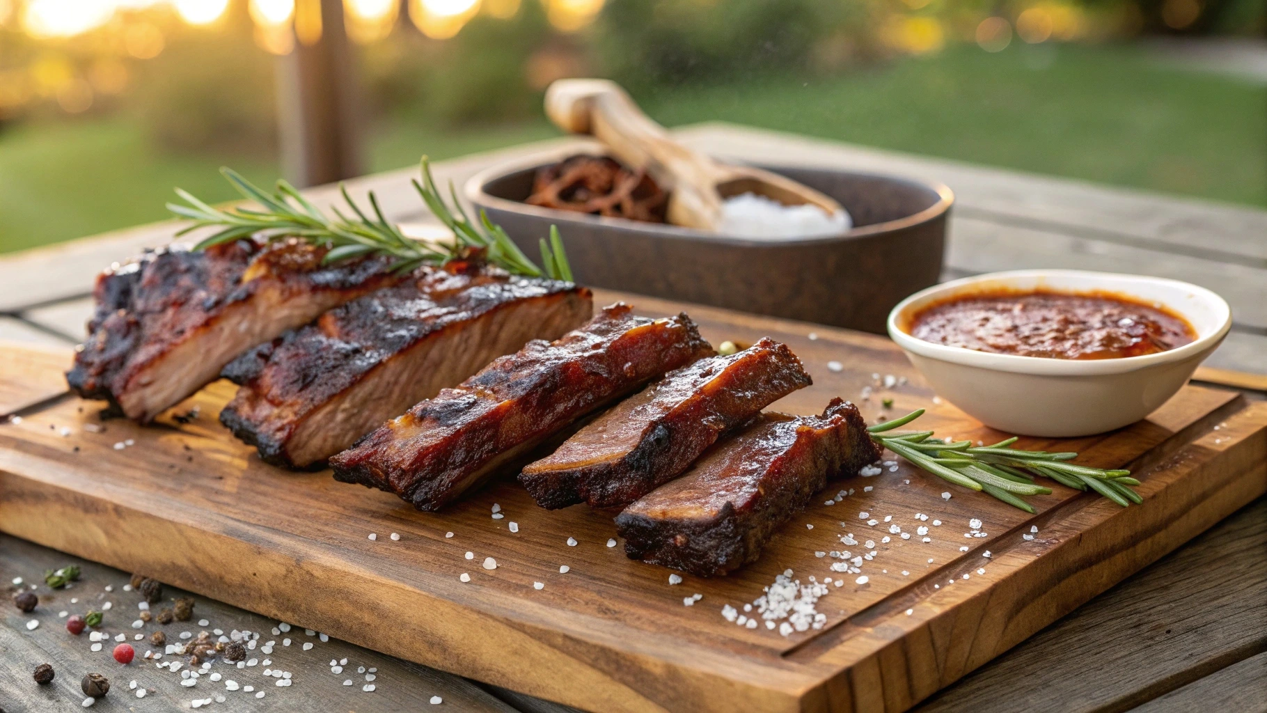 Smoky grilled beef ribs arranged on a rustic wooden board, garnished with fresh rosemary, accompanied by a bowl of barbecue sauce, coarse salt, and pepper in a warm outdoor barbecue setting.