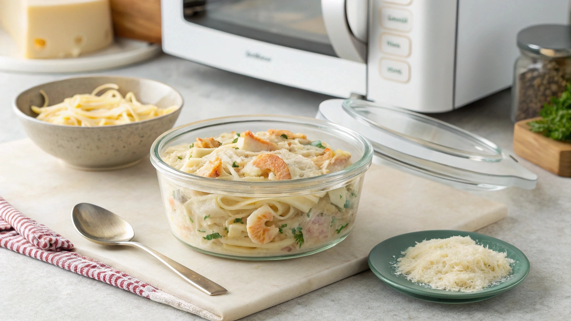 Glass storage container with leftover Chicken and Shrimp Alfredo, microwave-safe bowl for reheating, spoon, and grated Parmesan cheese.