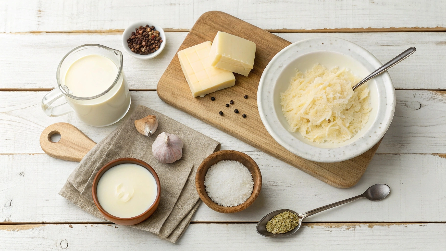 Flat lay of creamy Alfredo sauce ingredients, including heavy cream in a jar, unsalted butter on a dish, freshly grated Parmesan cheese on a wooden board, minced garlic on a plate, and black pepper in a small bowl.