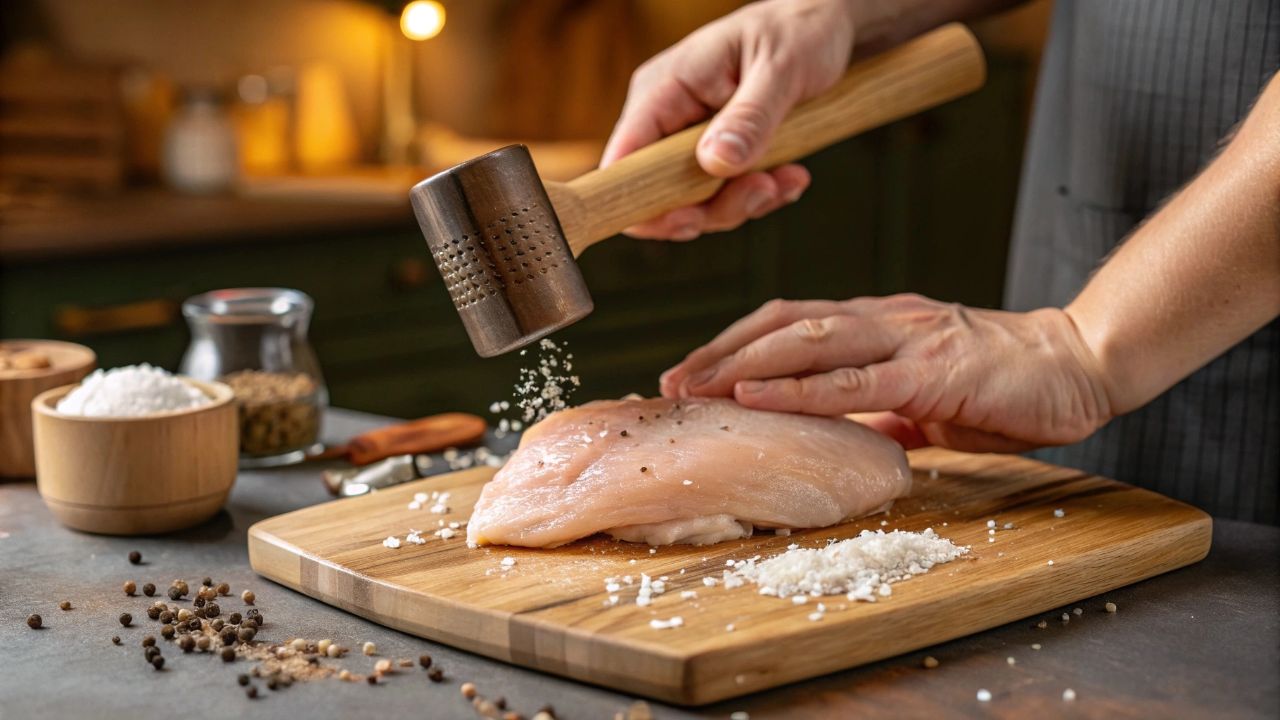 A pair of hands pounding boneless, skinless chicken to an even 3/4-inch thickness on a cutting board, with salt and pepper sprinkled on top.