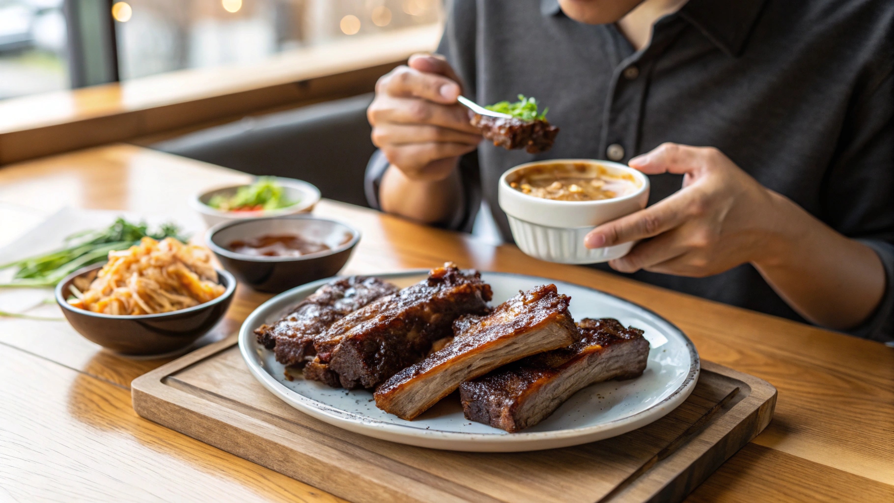 An person enjoying a plate of grilled beef ribs, holding the rib with their hands, set in a cozy dining space with soft, natural lighting.