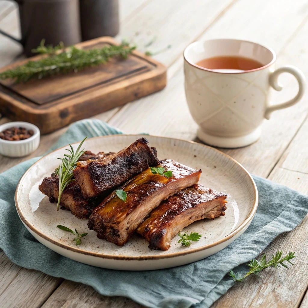 Grilled beef ribs served with a cup of tea, garnished with fresh herbs, set on a rustic wooden table with soft natural lighting.