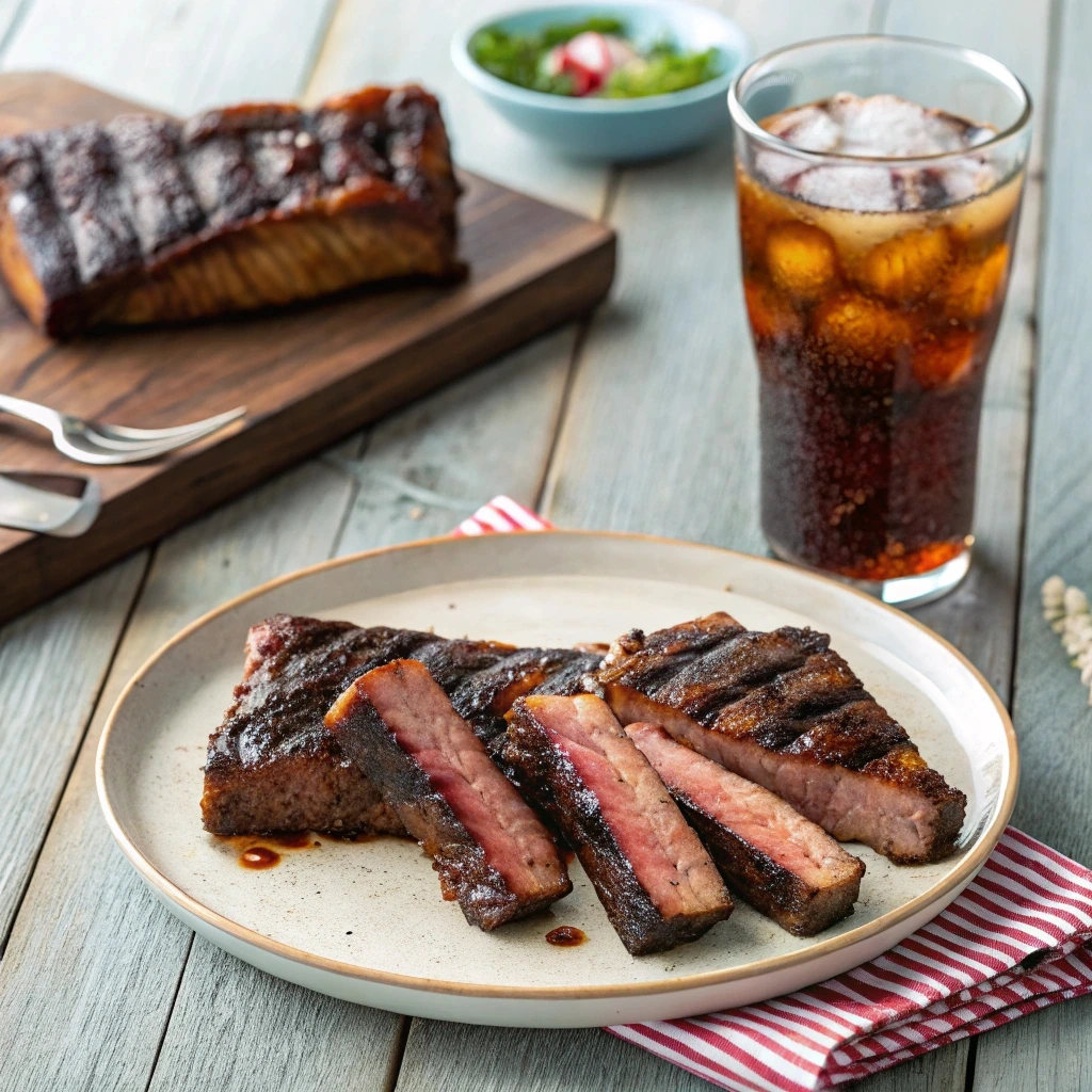 Grilled beef ribs served with a cold glass of Coke, set on a rustic wooden table with natural lighting.