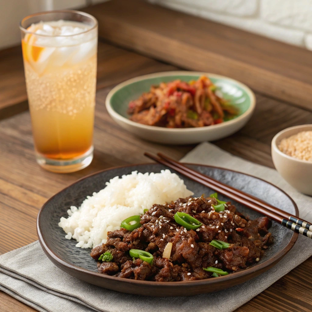 Ground Beef Bulgogi served with a glass of Bokbunja Ju or Shikhye, alongside steamed rice and kimchi on a wooden dining table.