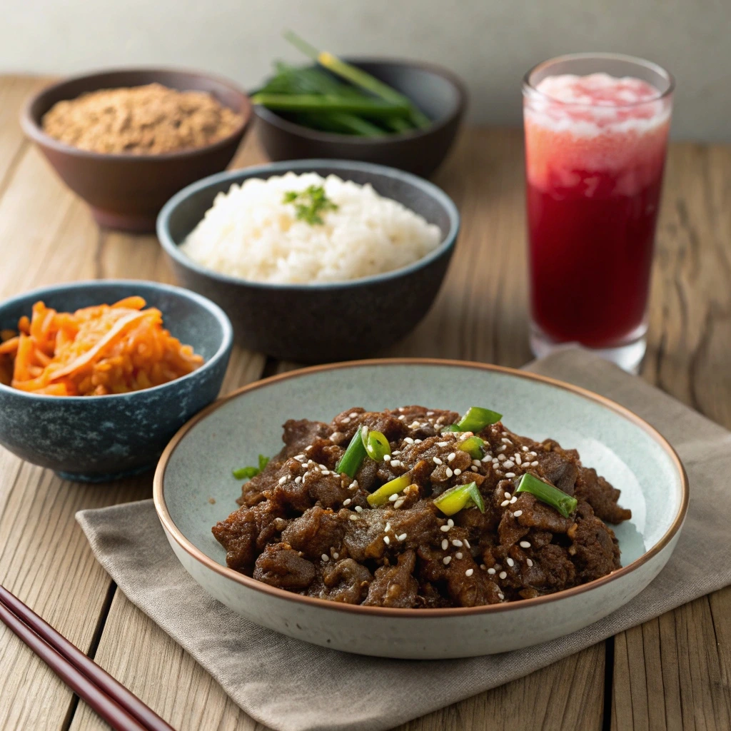 Ground Beef Bulgogi served with a glass of Bokbunja Ju (Korean blackberry juice), alongside steamed rice, kimchi, and other side dishes on a wooden dining table.