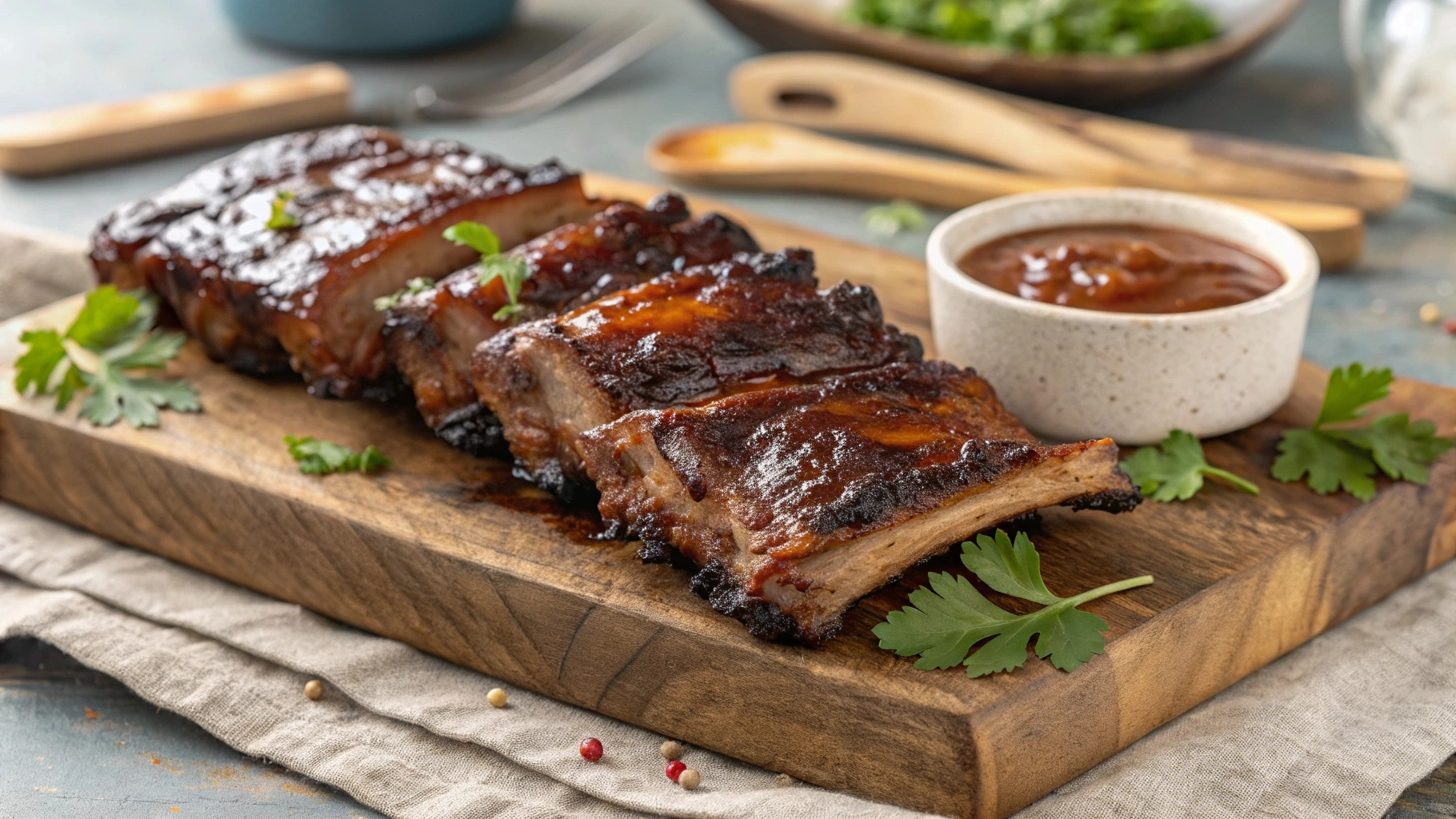 Tender, oven-baked beef ribs glazed with barbecue sauce, served on a rustic wooden cutting board with fresh parsley and a dipping sauce.