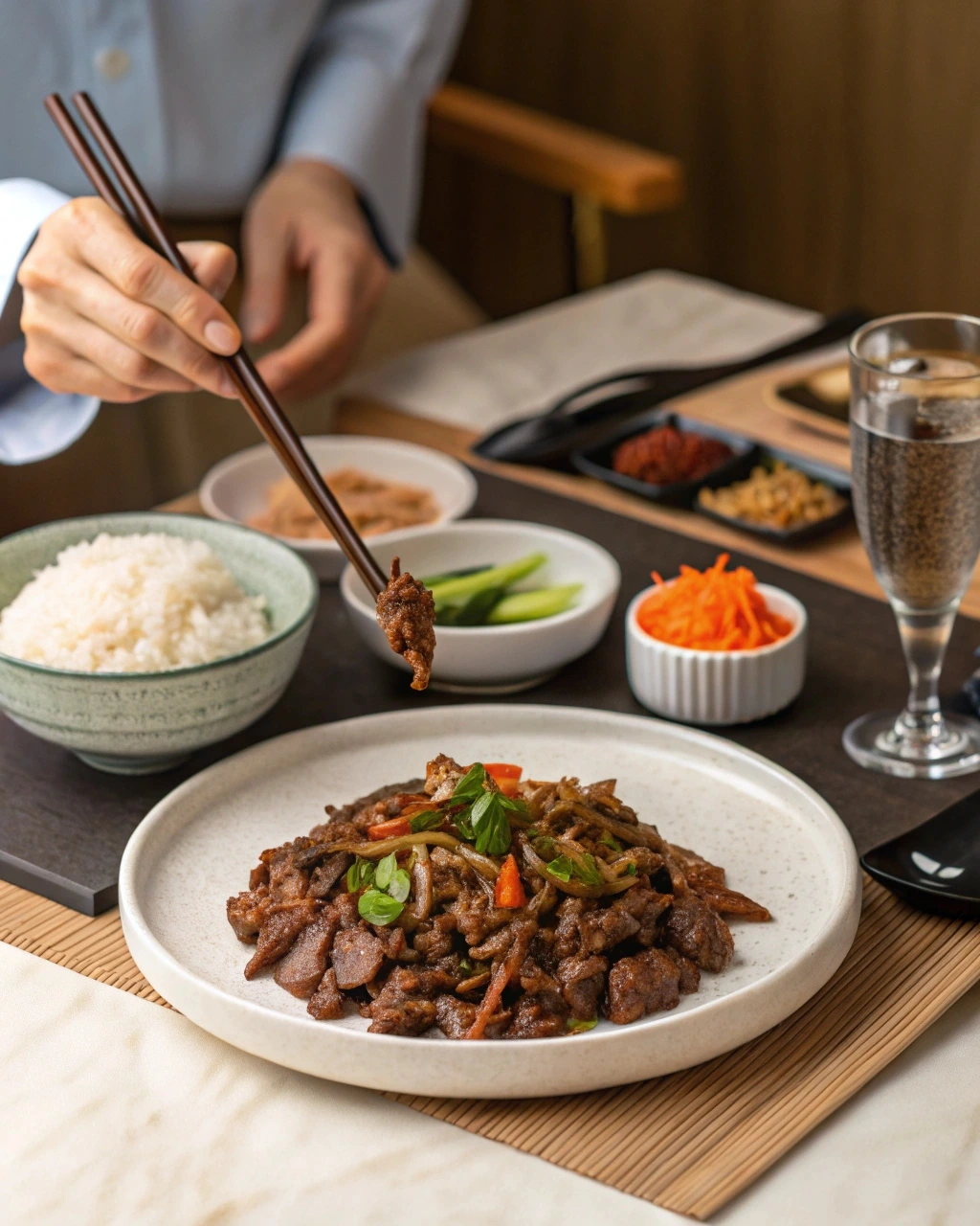 A person’s hands holding chopsticks with Ground Beef Bulgogi, accompanied by rice and side dishes, in a cozy and elegant dining setting.