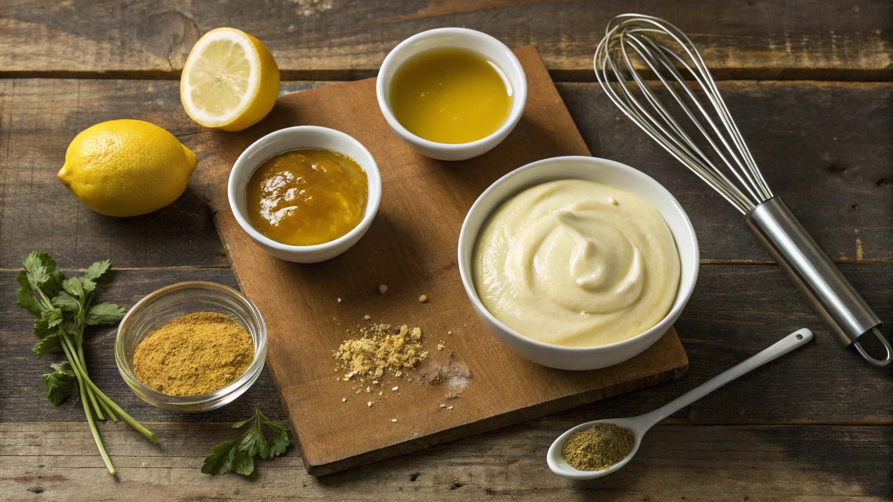 A small mixing bowl of honey mustard sauce being whisked, with kitchen tools like a chef’s knife, cutting board, and large skillet on a modern kitchen countertop.