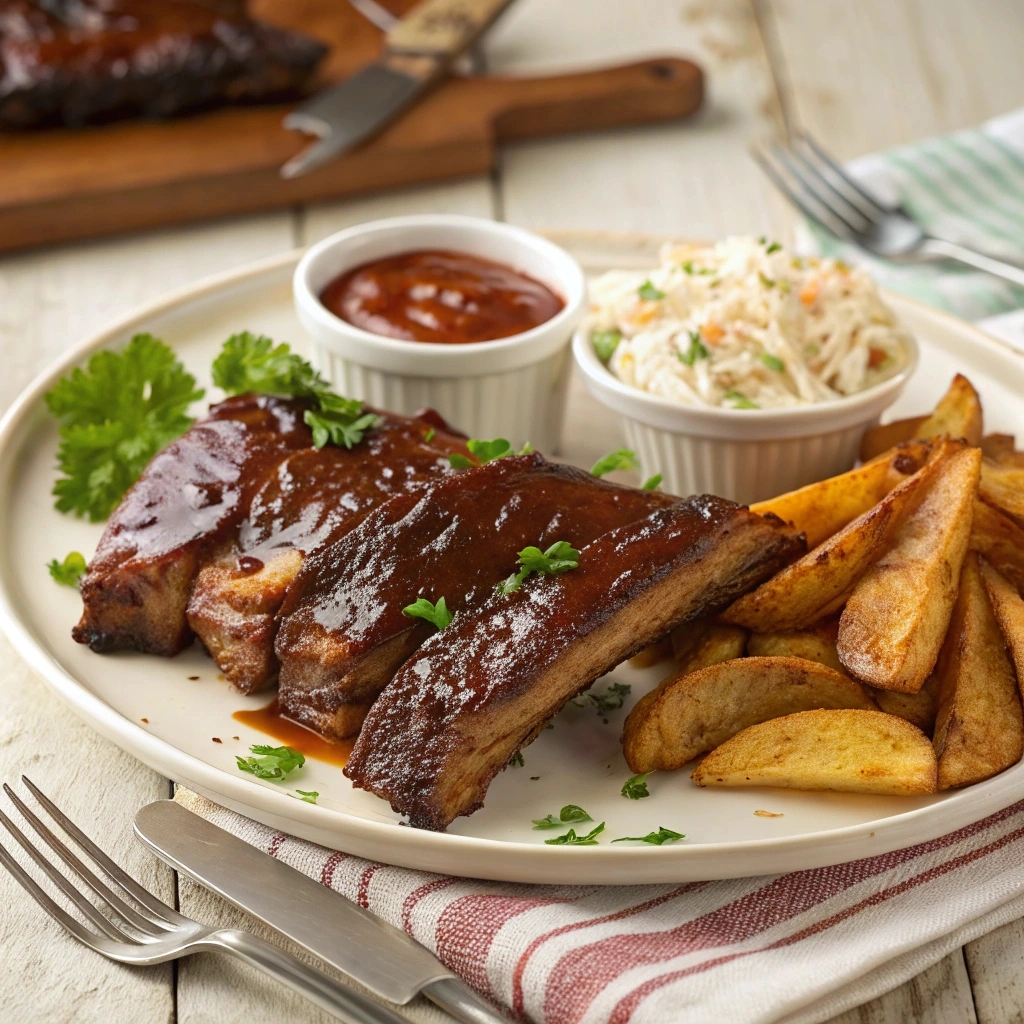 Grilled beef ribs glazed with barbecue sauce, garnished with parsley, served with roasted potatoes, coleslaw, and extra barbecue sauce on a rustic wooden table.