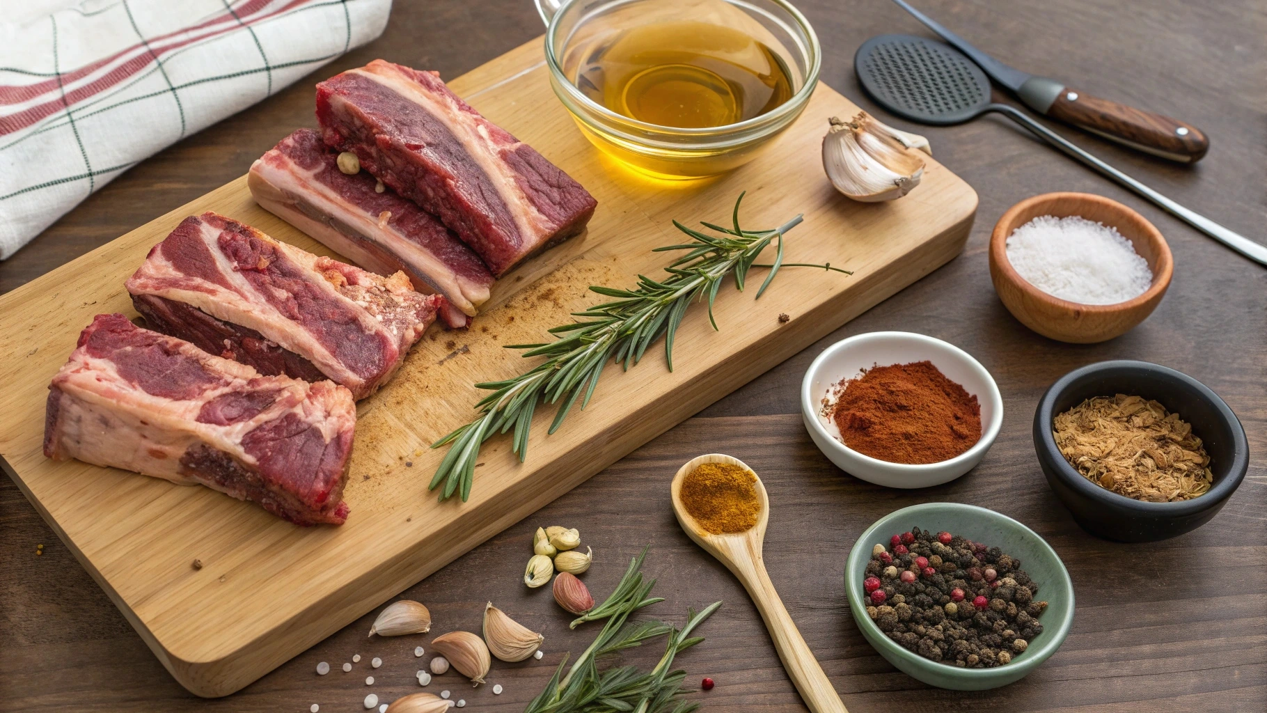 Ingredients for grilled beef ribs, including beef ribs, olive oil, soy sauce, Worcestershire sauce, apple cider vinegar, brown sugar, minced garlic, smoked paprika, ground cumin, black pepper, onion powder, chili powder, salt, cayenne pepper, and fresh rosemary sprigs.