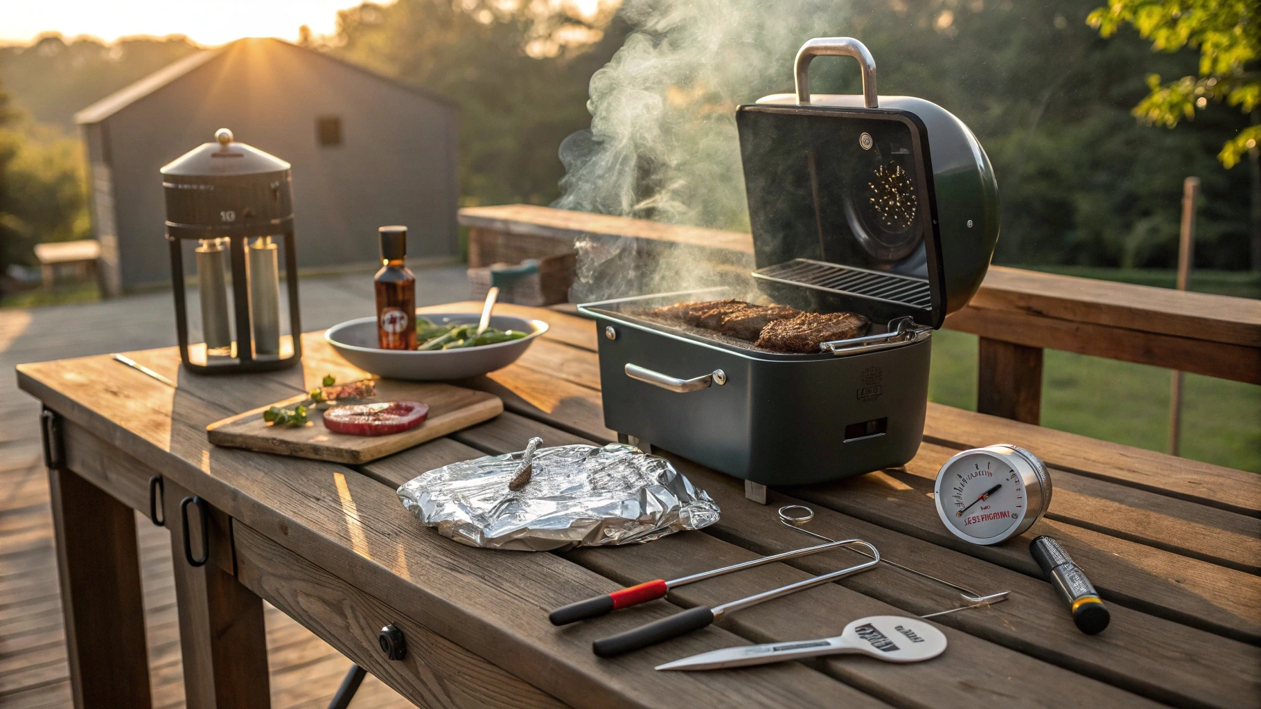 Outdoor grilling setup with a smoker or grill, grilling tools, and a wooden table, featuring 'Grilled Beef Ribs' in a sunlit natural environment.