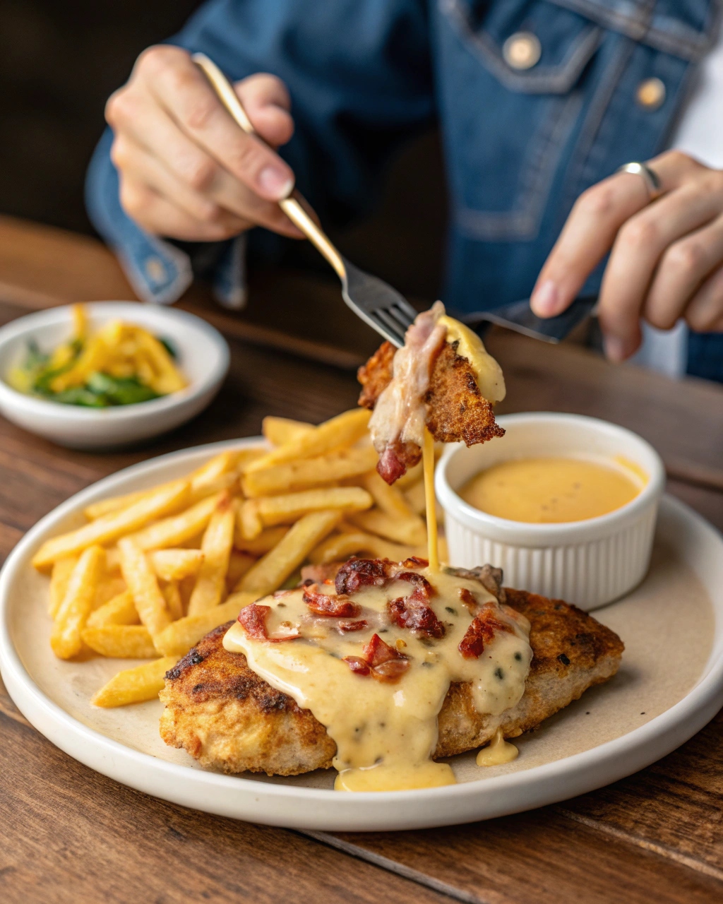 A person enjoying Alice Springs Chicken topped with melted cheese and crispy bacon, with a side of golden fries.