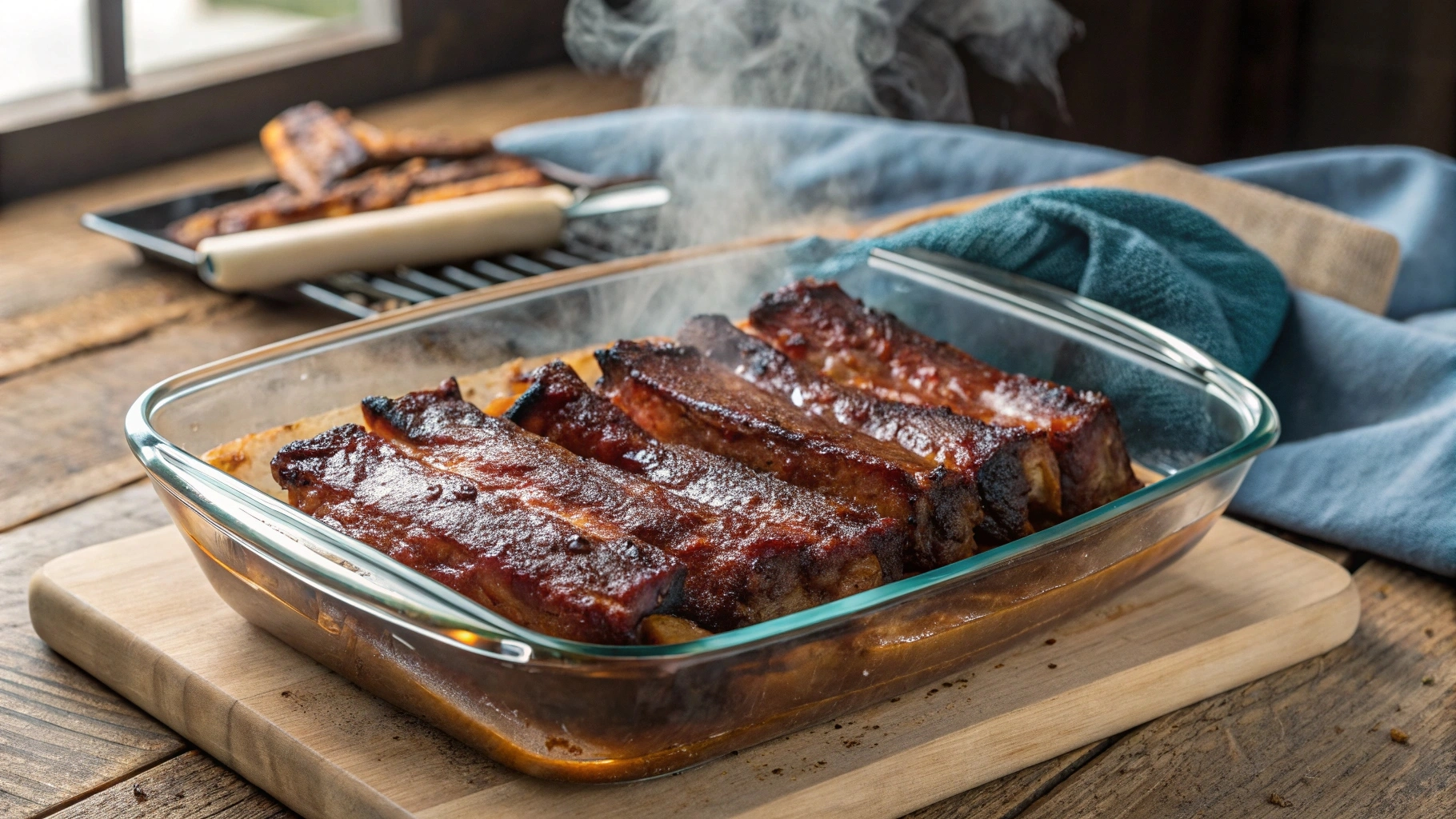 Freshly cooked beef ribs on a baking tray, glazed with barbecue sauce and slightly caramelized, with steam rising from the hot dish.