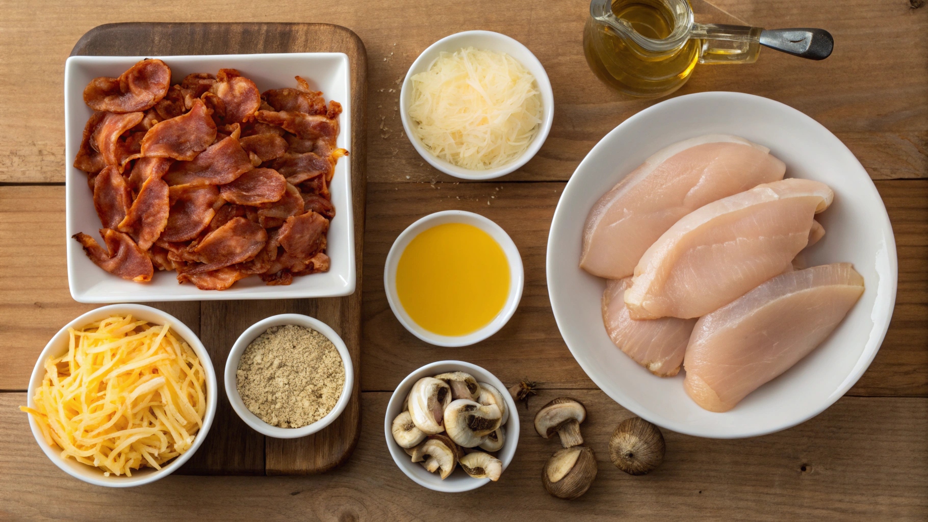 Raw chicken breasts, crispy bacon, shredded cheese, honey mustard sauce, sliced mushrooms, and seasonings arranged on a wooden table.