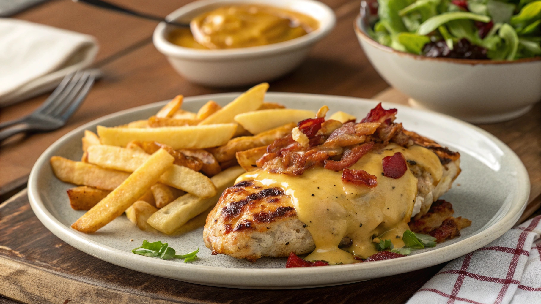 Alice Springs Chicken topped with crispy bacon, melted cheese, and served with golden fries on a rustic wooden table.